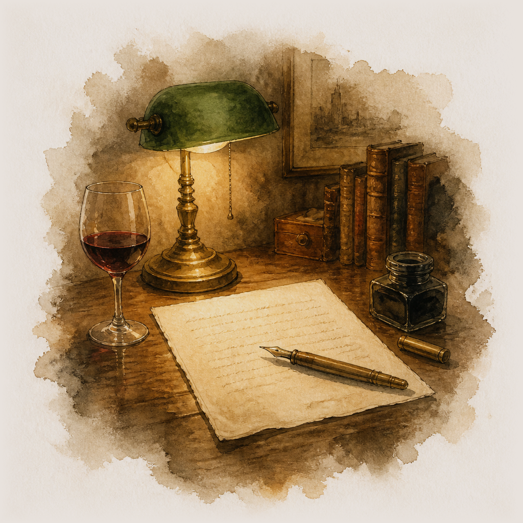 A writing desk in lamplight: a half-written letter, a fountain pen resting across it.