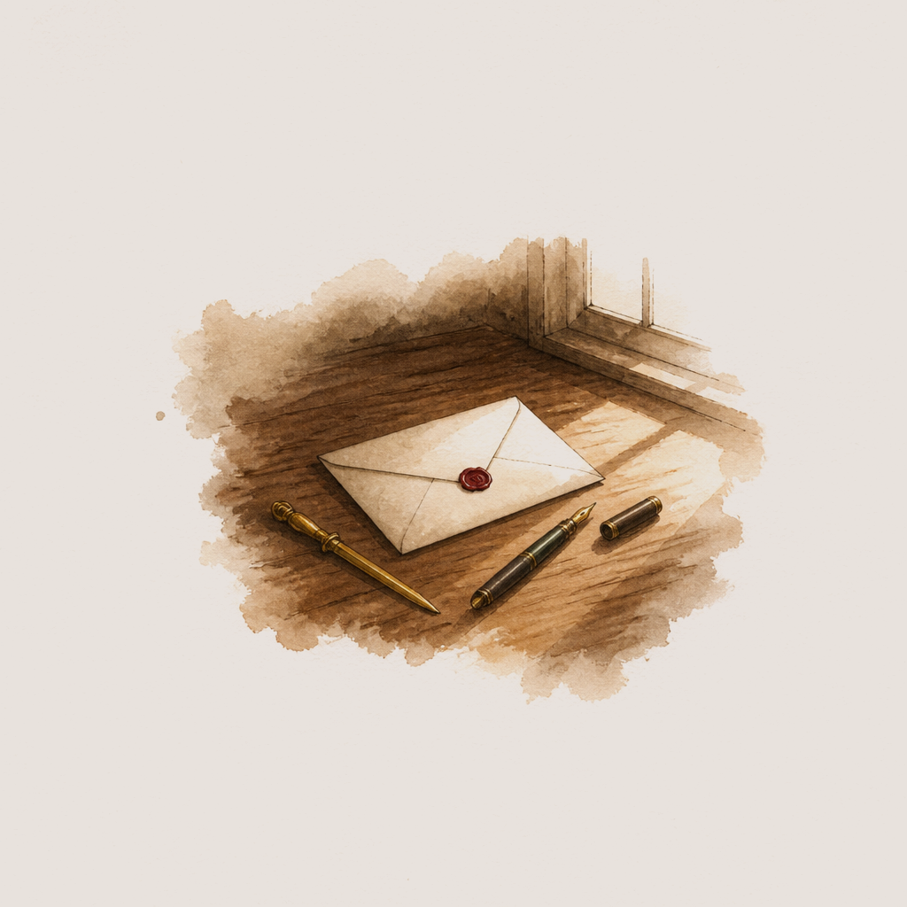 A sealed envelope in afternoon light, a brass letter opener beside it.
